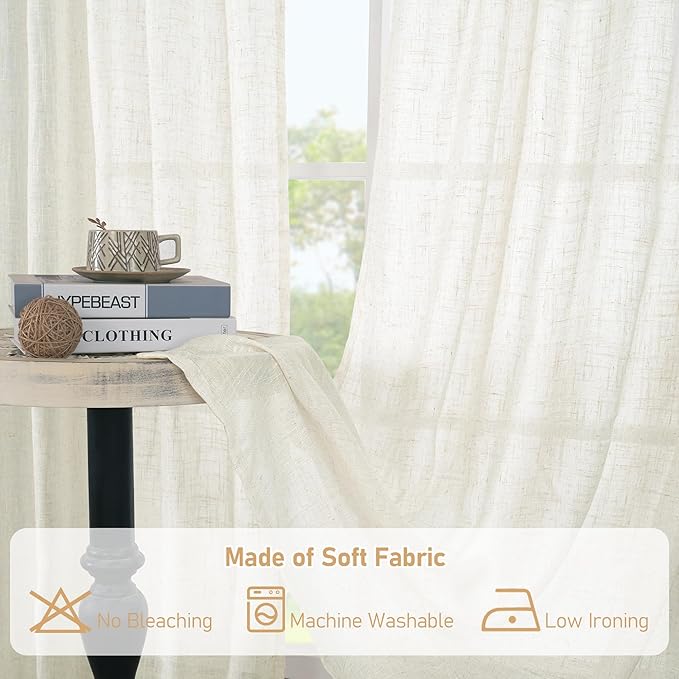 LAMIT Linen Curtains 63 Inch Length for Living Room, Linen Light Filtering Boho Semi Sheer Window Textured Burlap Drapes with Bronze Grommet for Bedroom, 2 Panels Set, 60 x 63 Inch, Cream