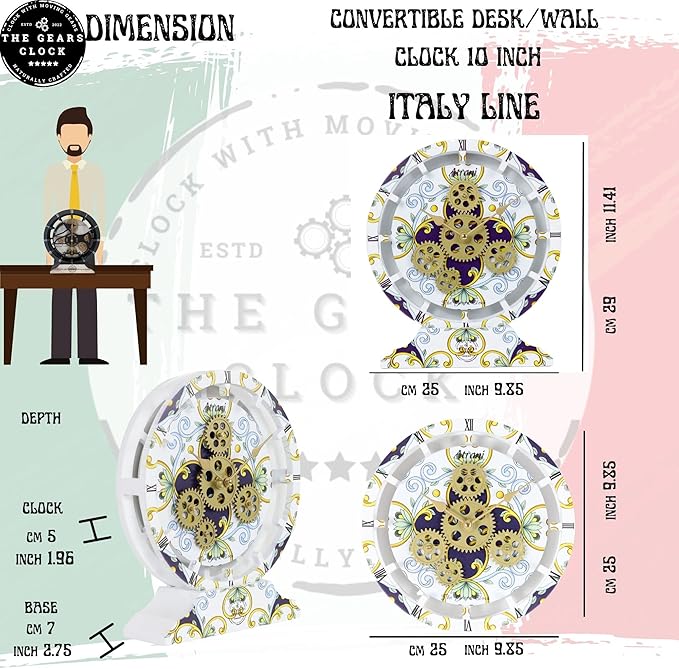 The Gears Clock Wall Clock Italy Collection with Moving Gears (Furore, 10 inch Round)