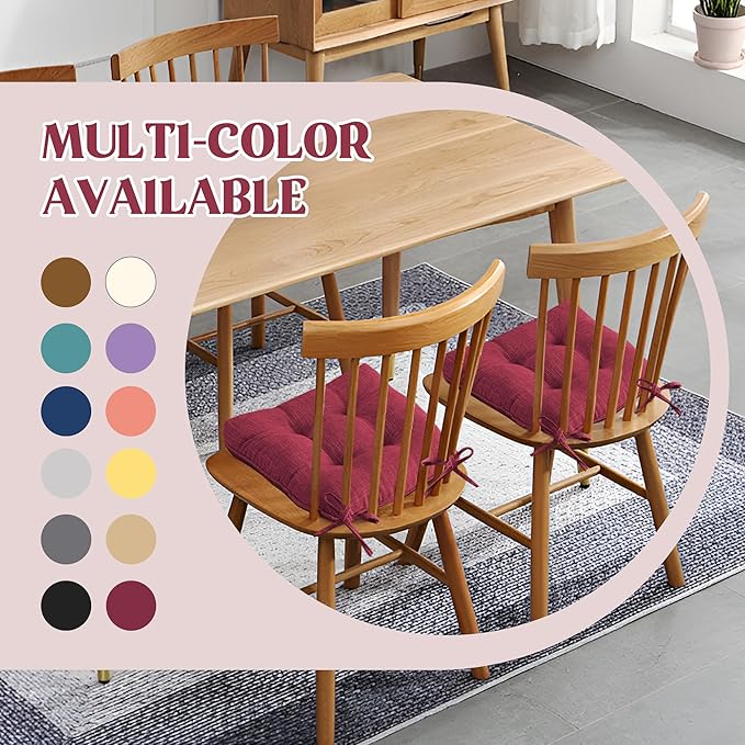 puredown® Chair Cushions for Dining Chairs, Tufted Memory Foam Chair Pads with Non-Slip Backing, Kitchen Seat Cushions with Ties, Washable Pads Set of 4, 15.5" x 15.5" x 4", Wine