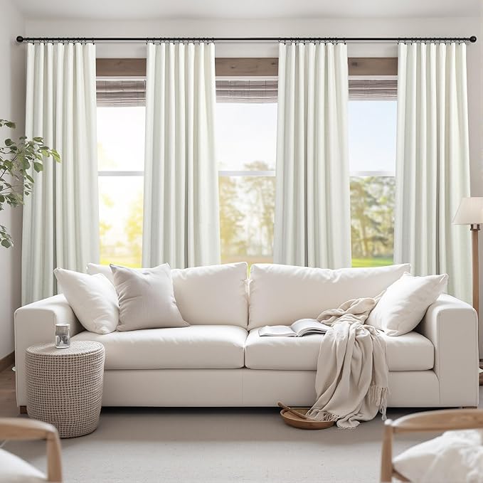 100 Inch Curtains Complete Blackout Linen Curtains for Bedroom 2 Panels Set Large Window Custom Length 100 Inches Long Neutral Cream Colored Thermal Drapes for Sliding Glass Doors Shades Blinds 52x100