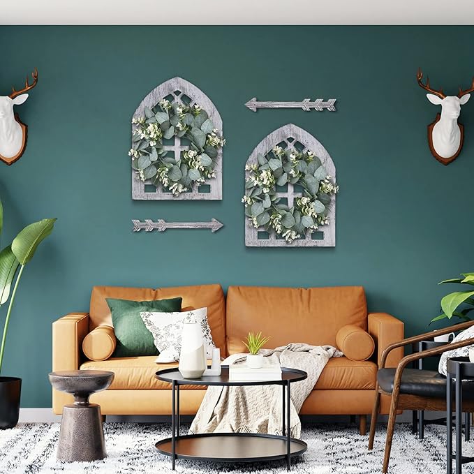 Rustic Wood Window Frame with Green Wreath and Arrows Wall Decor,Farmhouse Window Frame Hanging Decor, Wooden Fake Decoration,Window Pane Wall Decor,Set of 2 (windows white)