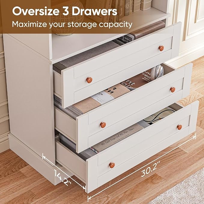 Vyre 71" Tall Farmhouse Bookshelves with Drawers, Set of 4 – Large Modular Bookcase with Adjustable Shelves, Storage Cabinet for Living Room, Kitchen, Home Office, White