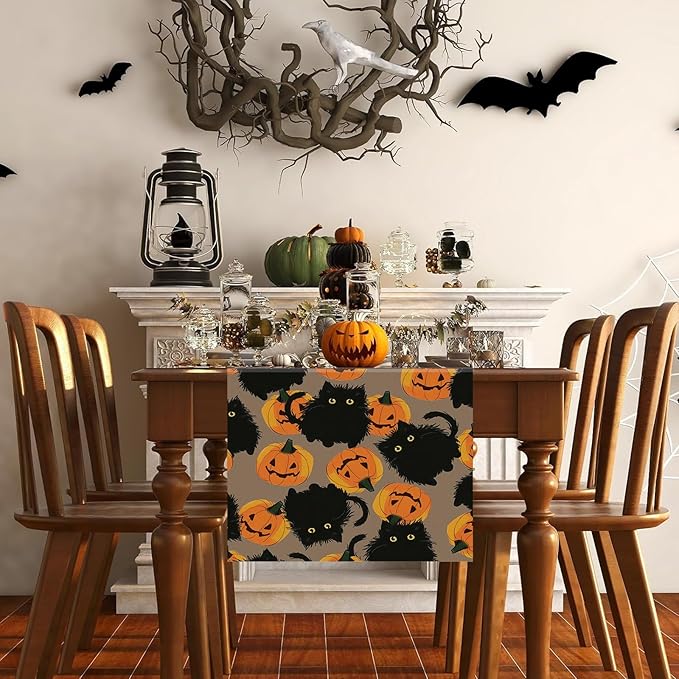 Halloween Table Runner Black Cat Pumpkins Seasonal Kitchen Dining Table Home Outdoor Party Decorations 13x108 Inch