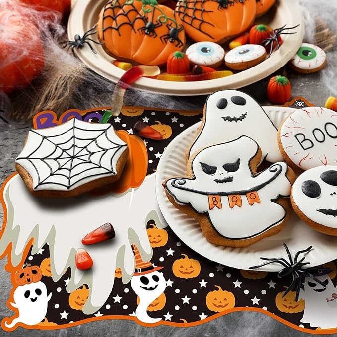 MCEAST 6 Pack Halloween Plastic Placemats Halloween Pumpkin Spider Ghost Waterproof Table Mats Assorted 6 Styles Halloween Party Table Decorations for Home Kitchen Dining, 16 x 12 Inches
