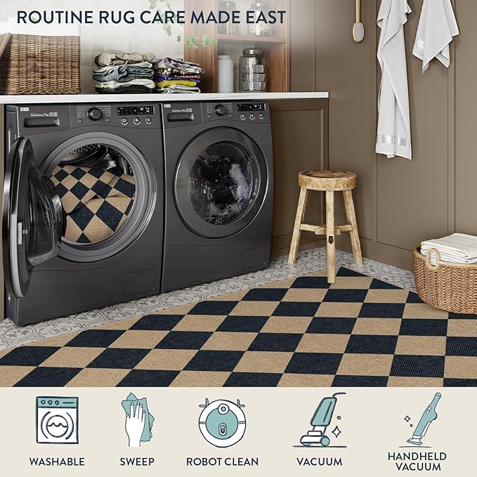 Lahome Checkered Easy Jute Kitchen Rug, 2x3 Front Door Mat Non Slip Washable Neutral Area Rug, Farmhouse Diamond Non Shedding Low Pile Floor Carpet for Entryway Porch Doorway