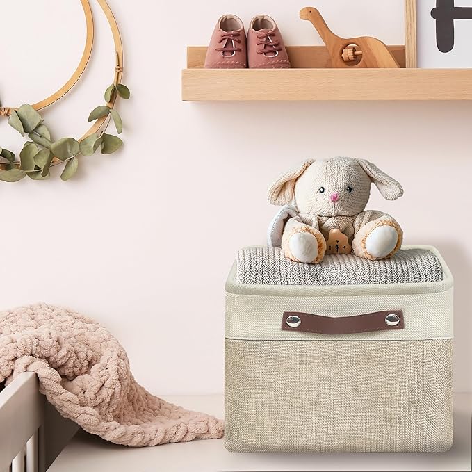 SIMPLE HOUSEWARE Large Fabric Storage Bin, 15" x 11" with Leather Like Handles, 3 Pack, Beige