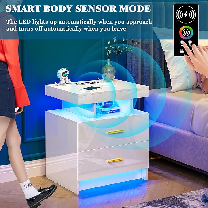 Night Stand with Light, High Gloss Nightstand with USB/Wireless Charging Station, LED White Nightstands with Storage Drawers, RGB Side End Table for Bedroom Furniture(White
