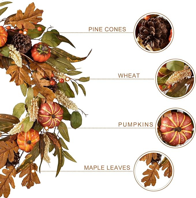 Glitzhome 24''D Fall Pumpkin Leaf Floral Wreath Decor, Artificial Harvest Door Wreath for Autumn or Thanksgiving Decoration