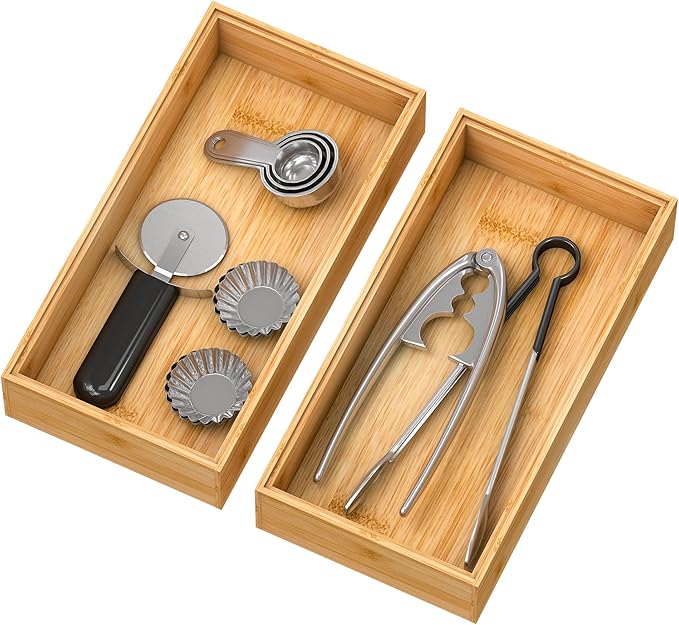 Bamboo Kitchen Drawer Organizer,Stackable Silverware Tray Utensil Organizer Cutlery Holder for Kitchen,Wooden Storage Box for Bathroom, Multi-Use Drawer Organizer for Office,Makeup(12x6x2.5 inch)
