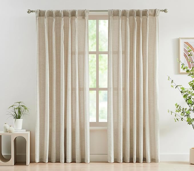 FMFUNCTEX Pinch Pleated Curtains 84 Inches Long for Living Room, Beige Semi Sheer Faux Linen Textured Pleat Drapes for Bedroom with Hooks, Light Filtering Neutral Farmhouse Window Drapes 2 Panels