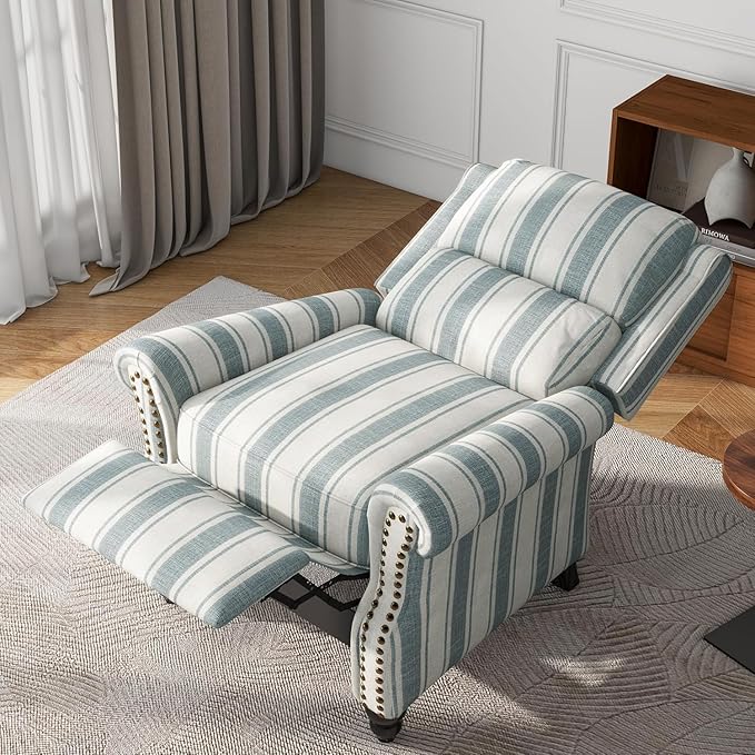 UIXE Pushback Recliner Chair, Fabric Armchair Push Back Accent Chair for Living Room, Rivet Trim Club Arm Chair Overstuffed Home Theater Single Sofa Bedroom Reading Seat with Footrest - Stripe Blue
