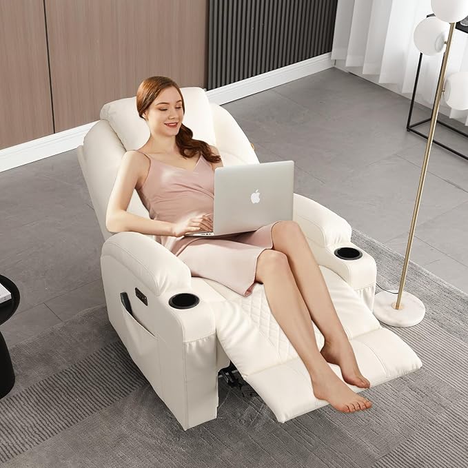 Power Recliner Chair with Heat and Massage, PU Leather Home Theater Seating with LED Lights/Cup Holders/Side Pocket/USB Port, Reclining Sofa Chair for Living Room(2, Beige)