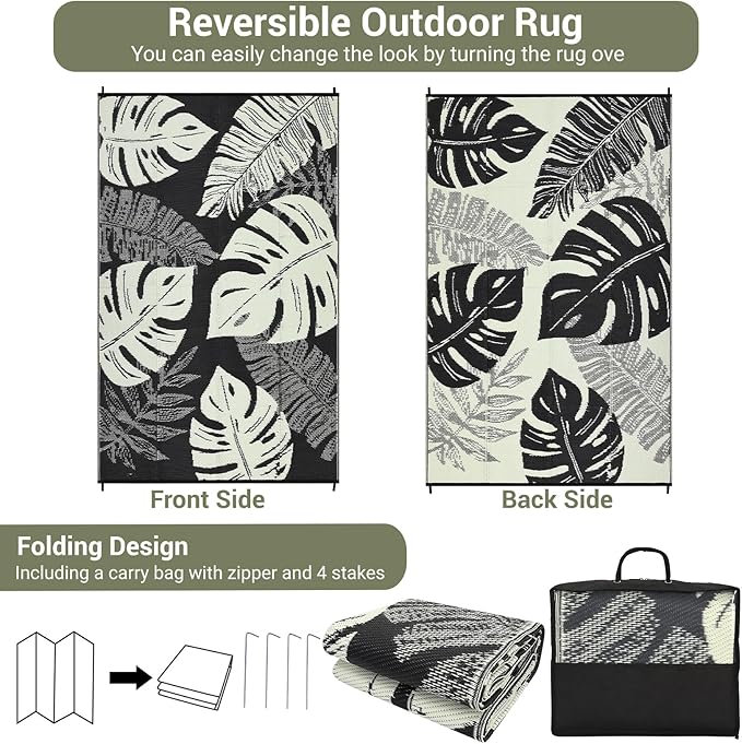 GAOMON Waterproof Plastic Straw Rug 9x12 Outdoor Rug for Patio, Reversible Modern Camping Mat with Bag & Stakes, UV Resistant & Easy to Clean Outdoor Carpet for RV, Deck, Balcony, Beige