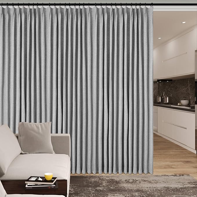 100" W x 96" L Faux Linen Room Divider Curtains, Full Blackout Pinch Pleated Drapes for Traverse Rod, Bedroom Divider Privacy Drapery with Hooks for Ceiling Track, 1 Panel, Light Grey