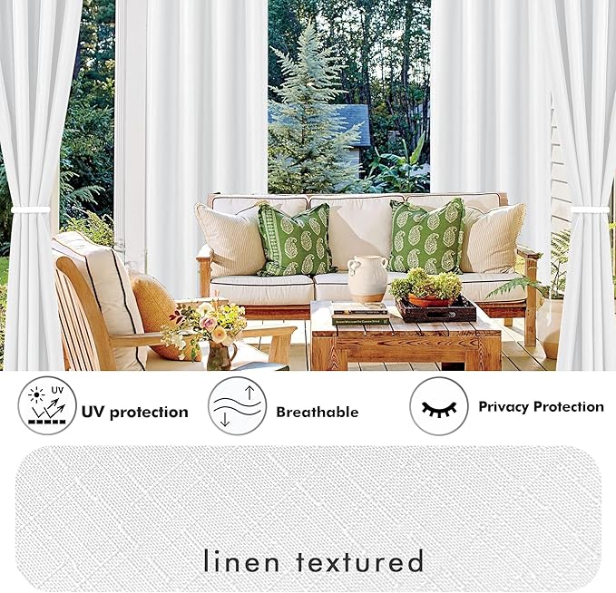 HolidayIdeas 4 Panels Linen Outdoor Curtains for Patio Waterproof White Curtains 84 Inch Length-Outside Curtains Weatherproof, Privacy for Pergola, Porch, Gazebo-54 Wide x 84" Long