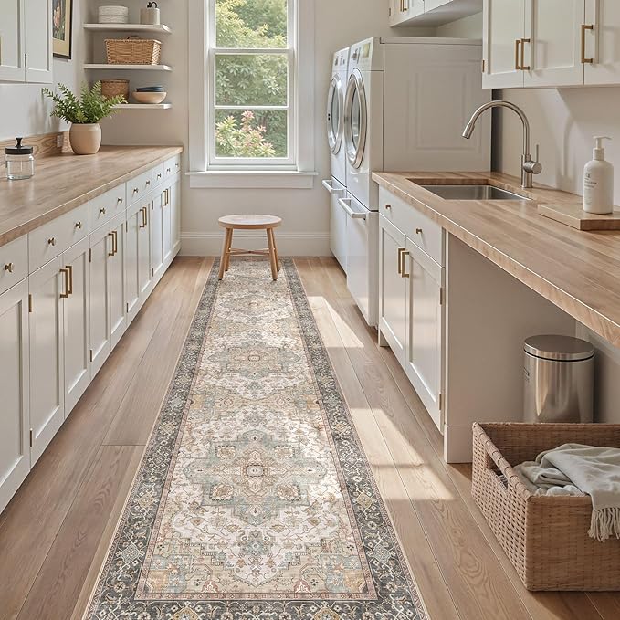 Washable 2.6x12 Runner Rug - Area Rugs Neutral Vintage Distressed Floral Farmhouse Boho Large Soft Floor Rug Indoor Carpet for Hallway Entryway Kitchen Home - Forest Green Orange