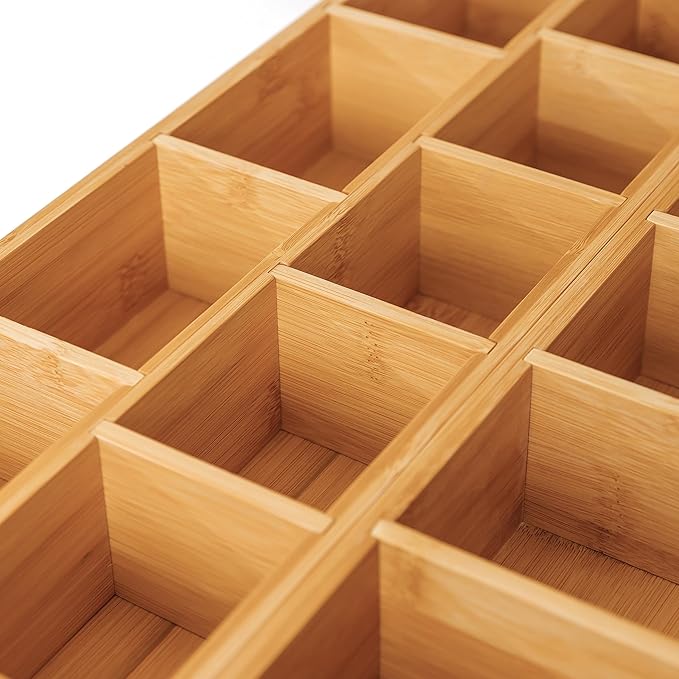Premium Utensils and Tea Bag Drawer Organizers – 14-Compartment Design with Removable Dividers, Non-Slip Feet, 100% Sustainable Bamboo, 2 Pack