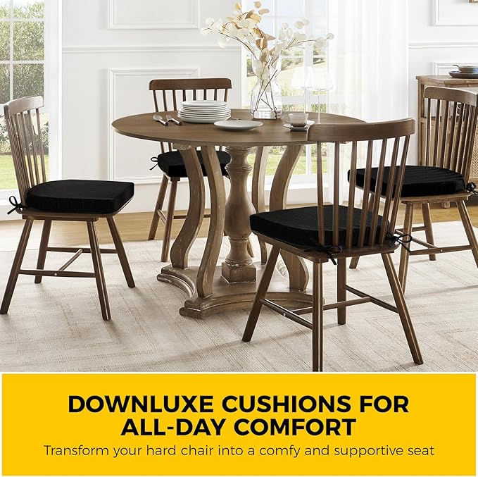 downluxe Indoor Chair Cushions for Dining Chairs, Soft and Comfortable Textured Foam Kitchen Chair Pads with Ties and Non-Slip Backing, 16" x 16" x 2", Black, 4 Pack