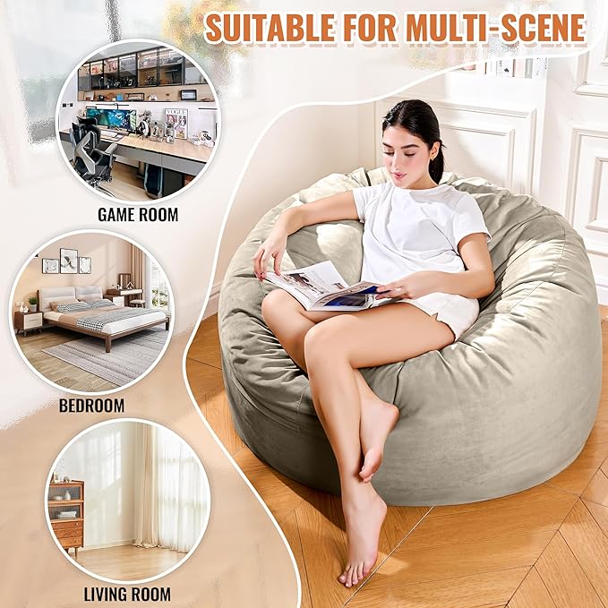 4FT Bean Bag Chair: Bean Bag with Velvet Cover, Fluffy and Comfy Bean Bag Chairs for Adults and Kids, Bean Bag Sofa Filled with High-Density Sponge for Gaming (Light Grey)