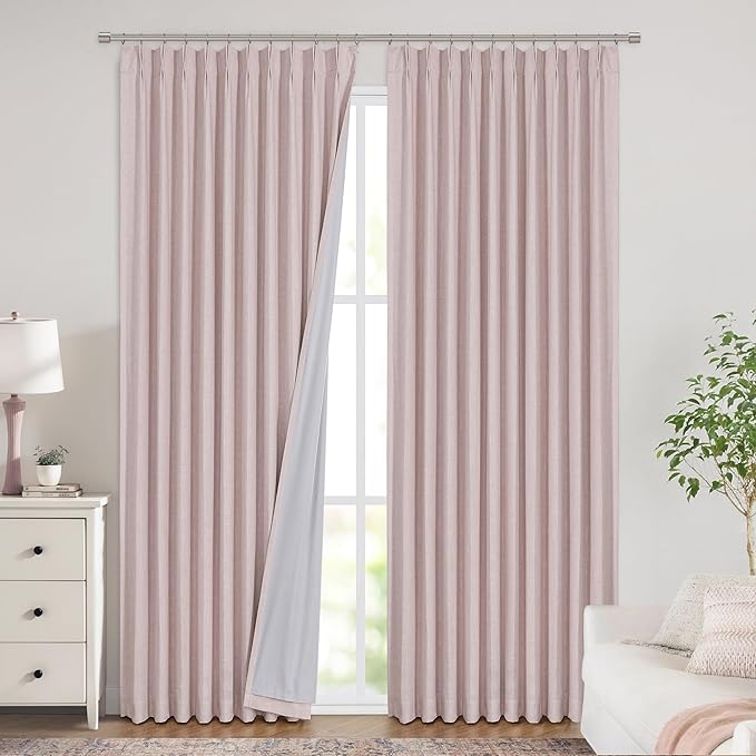 Vision Home Soft Pink Pinch Pleated Full Blackout Curtains Linen Blended Room Darkening Window Panels 95 inch for Living Room Bedroom Thermal Insulated Pinch Pleat Drapes with Hooks 60" Wx95 Lx1