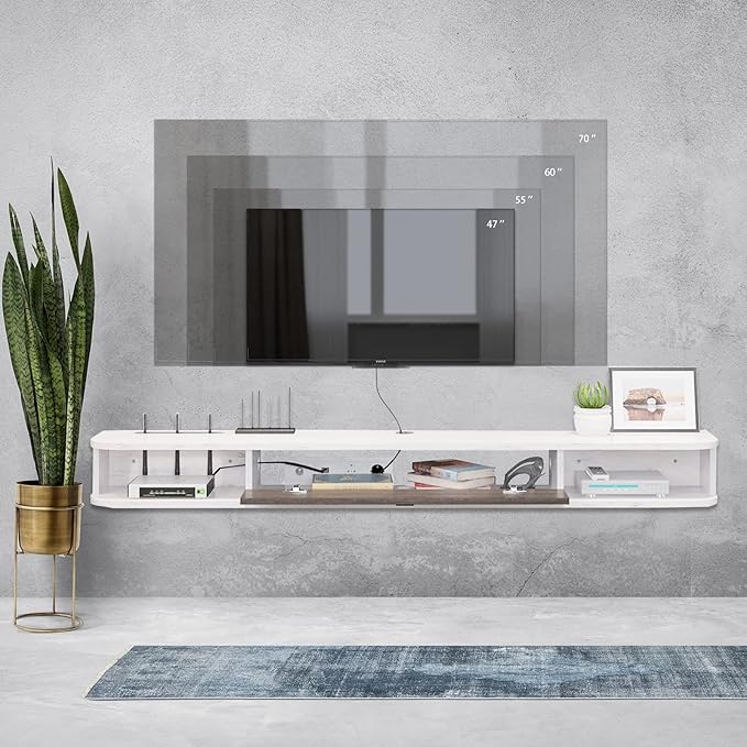 Pmnianhua Floating TV Console,78'' Wall-Mounted Media Console TV Cabinet Floating TV Stand Entertainment Shelf with Door and Storage (Grey-White)
