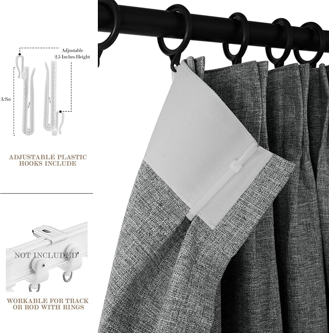 100" W x 96" L Faux Linen Room Divider Curtains, Full Blackout Pinch Pleated Drapes for Traverse Rod, Bedroom Divider Privacy Drapery with Hooks for Ceiling Track, 1 Panel, Mid Grey
