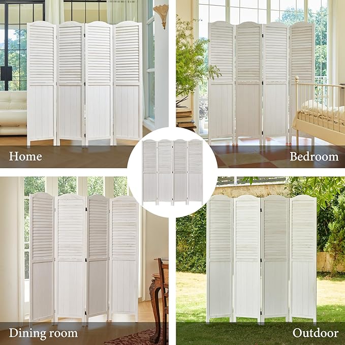 Room Partitions and Dividers, 68.9 Inch Temporary Wall with Double Hinges, Wooden Louver & MDF Stable Screens for Home Office Bedroom Coffeehouse Decoration (4 Panels, White-Washed)