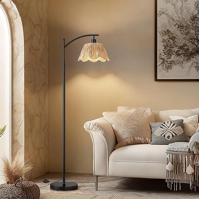 Oneach Arc Floor Lamp for Living Room with 3 Color Temperatures, Rattan Boho Floor Lamp with Hand-Woven Wicker Shade,Farmhouse Floor Lamps with Remote & Dimmable Bulb, Suitable for Bedroom(Black)