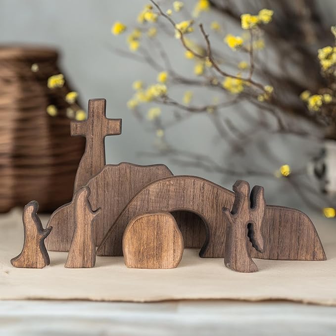 NEROSUN Empty Tomb Easter Scene and Cross Decoration, Wooden Easter Resurrection Scene Cross Jesus Tomb Tray Set, Jesus Nativity Scene Decor for Religious Home Office Tabletop Christian Gifts