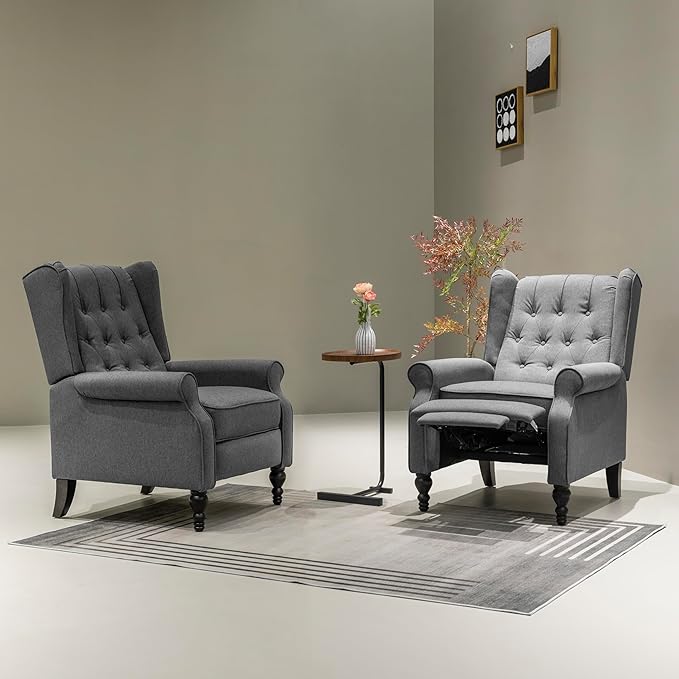Mid Century Wingback Recliner Chair for Adults, Modern Linen Fabric Push Back Recliner Chairs with Button Tufted Upholstered Back & Footrest, Manual Recliner Chais for Living Room, Nursery, Gray
