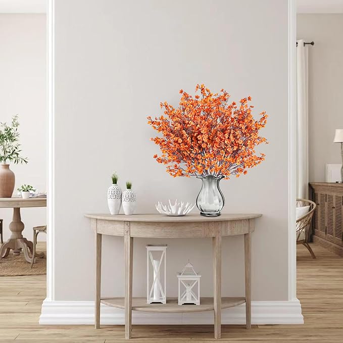 Sggvecsy 15 Pcs Babys Breath Artificial Flowers Gypsophila Bouquets Bulk Real Touch Fake Silk Flowers for Home DIY Floral Arrangement Table Centerpiece Fall Autumn Decoration (Fall Orange)