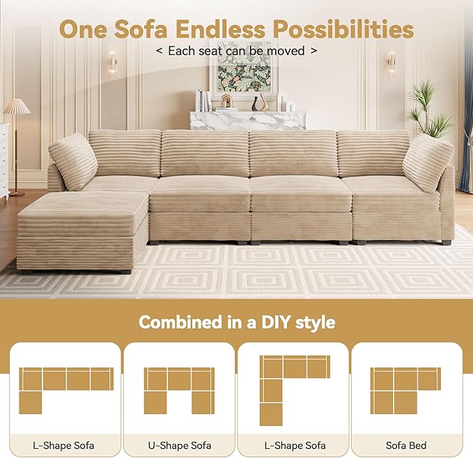 Modular Sectional Sofa with Chaise U Shaped Sectional Couch for Living Room, 7-Seater Comfy Cloud Couches with One Movable Ottoman, Plush Corduroy, Beige