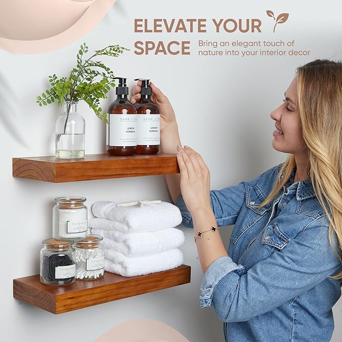 Homeforia 12 inch Oak Floating Shelf, High End Solid Real Wood 12inch Small Floating Shelves for Wall Mounted, Honey Oak Wooden 12in Floating Shelves, Heavy Duty Bracket, 12 X 6.5 X 1.75 in, Set of 3