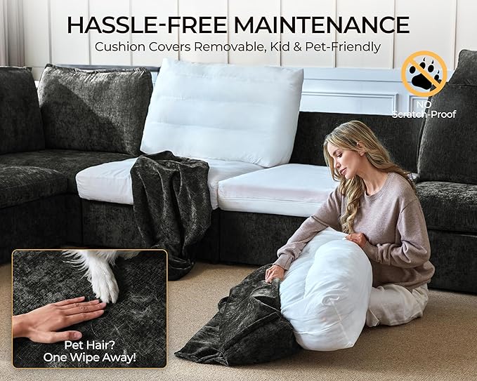 Oversized Modular Sofa Comfy Cloud Couch with Storage, Extra Deep Plush Sectional Sofa Set for Living Room, Covers Washable, Chenille, Olar (Black, 6-Seater with 3 Ottomans, Sleeper)