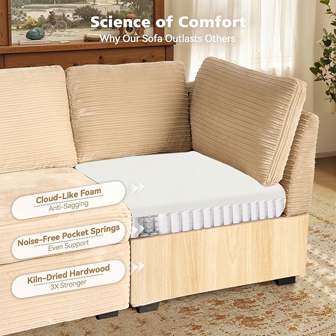 Modular Sectional Sofa with Chaise U Shaped Sectional Couch for Living Room, 5-Seater Comfy Cloud Couches, Plush Corduroy, Beige
