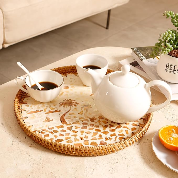 Round Rattan Tray with Mother of Pearl Inlay & Wooden Base - Decorative Wicker Serving Tray for Coffee/Bread/Fruits, Food Storage & Display - Multipurpose Home Decor (M,Island)