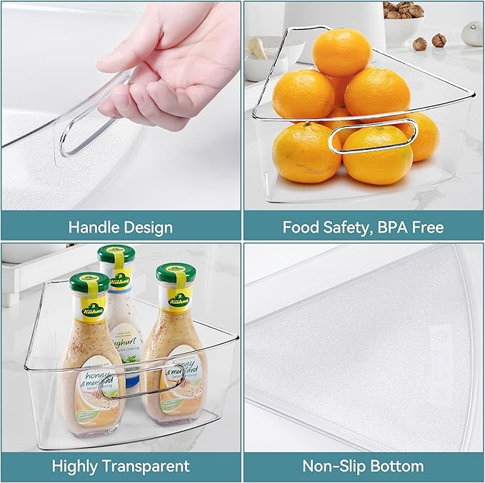 Oubonun Lazy Susan Organizers Set of 4, 10.2”x 9.4”x 4” Plastic Transparent Kitchen Cabinet Storage Bins with Handle, 4" Deep Container, 1/8 Wedge - Food Safe, without BPA