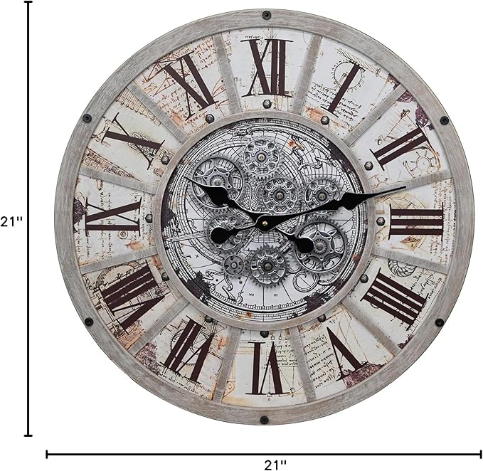 Unique Moving Gear Large Wall Clock 21inch-Battery Powered. Retro Industrial Steampunk Country Farmhouse Decor for The Living Room Kitchen Bars cafes Offices(whith/metal/21)