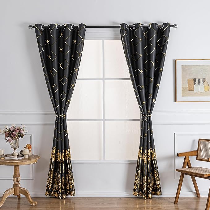 Grommets Blackout Long Window Curtains Black Gold-52W*84L 2PCS Drapes for Bedroom