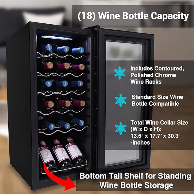 Nutrichef 18 Bottle Slim Wine Fridge | Red & White Wine Chiller | Adjustable Temperature Control 41°F to 64°F | Ultra Quiet Operation | Mini Wine Cooler for Home & Office, 30x13x17 IN