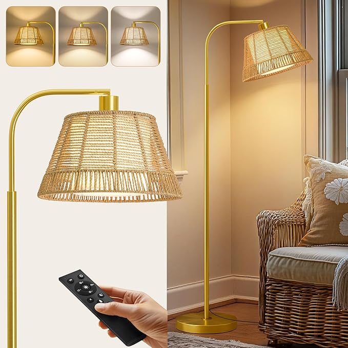 Oneach Arc Floor Lamp for Living Room with 3 Color Temperatures, Farmhouse Floor Lamps with Remote & Dimmable Bulb, Rattan Boho Floor Lamp with Hand-Woven Wicker & Fabric Shade