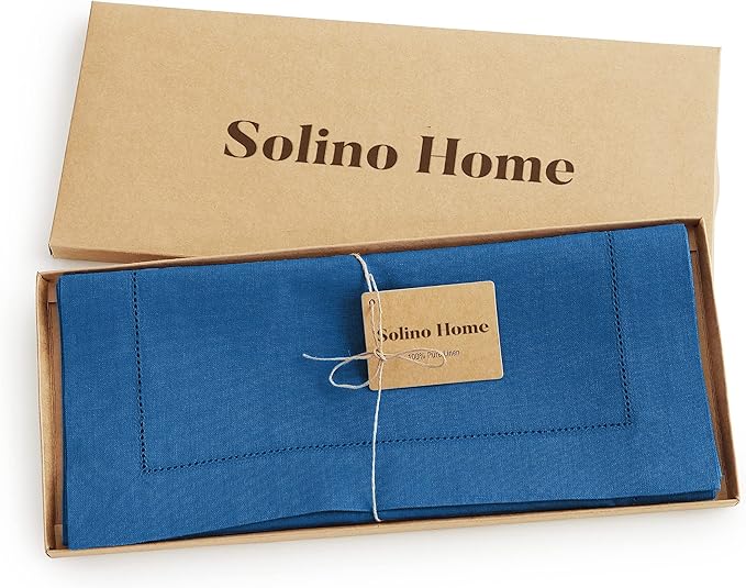 Solino Home Linen Indigo Blue Table Runner 72 Inches Long - 100% Pure Linen Hemstitch Table Runner 14 x 72 Inch for Dresser, Dining, Fall, Autumn, Halloween - Classic Hemstitch
