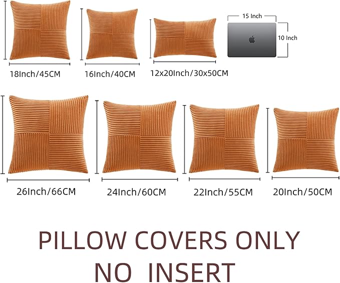Fancy Homi 2 Packs Burnt Orange Decorative Throw Pillow Covers 22x22 Inch for Living Room Couch Bed, Rustic Farmhouse Boho Home Decor, Soft Corss Corduroy Patchwork Accent Square Cushion Case 55x55 cm