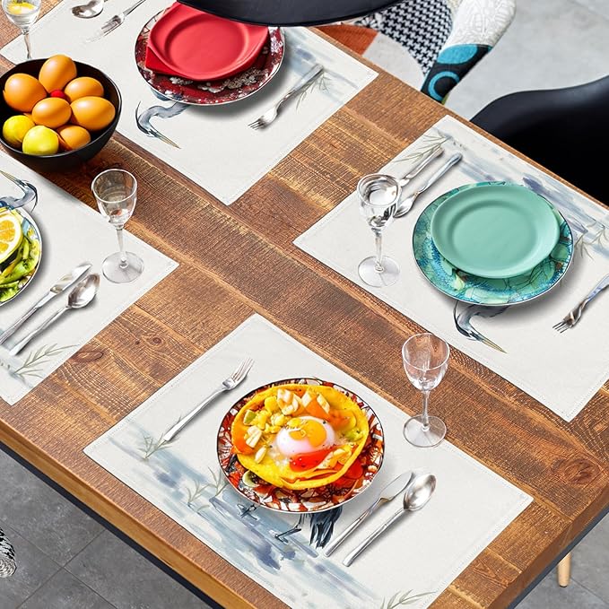 Coastal Placemats Set of 4 Summer Ocean Heron Place Mats 12x18 Inch Nautical Beach Sea Bird Pelican Table Mat Heat Resistant Non Slip Washable Linen Fabric Kitchen Dining Placemat