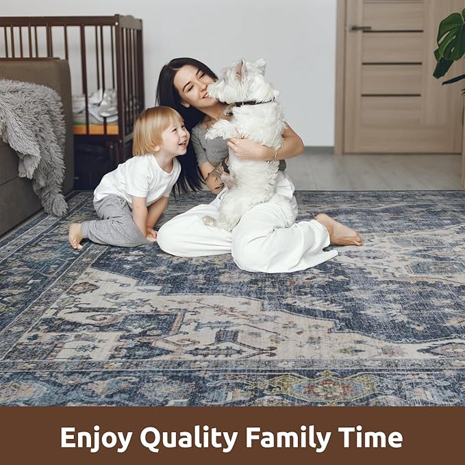 AMOAMI-Area Rug 5X7 Rugs for Living Room-Vintage Soft Blue Rugs for Bedroom-Non Slip Carpet-Machine Washable Rug for Dining Room Living Room Bedroom Office Under Table