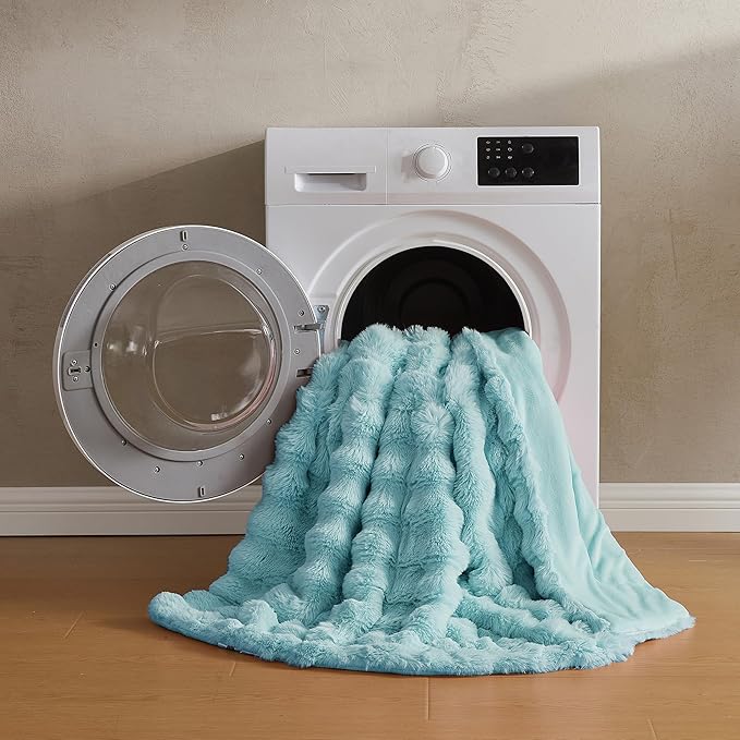 JELLYMONI Faux Fur Throw Blanket, Blue Fuzzy Cozy Plush Bubble Bed Throw, Thick and Warm (50" X 60")