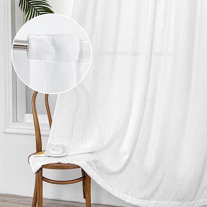 MYSKY HOME Floor to Ceiling Curtains 102 Inches White Sheer Window Drapes 2 Panel Sets Back Tab Draperies Linen Look Boho Fabric, Soft Cotton Blend Light Filtering for Living Room