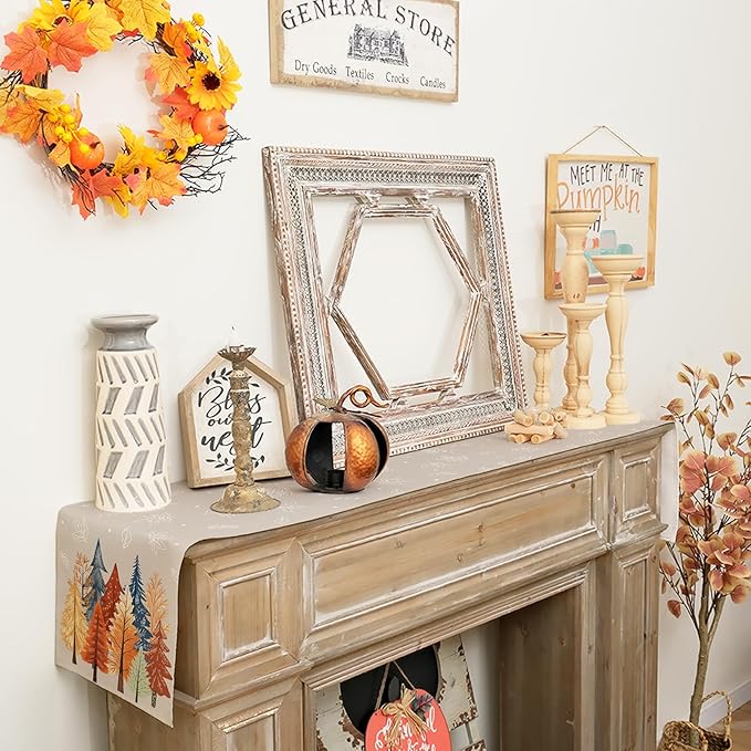 GEEORY Fall Watercolor Trees & Maple Leaves Table Runner 13x72 Inch, Rustic Farmhouse Autumn Thanksgiving Decor for Kitchen, Dining, Indoor/Outdoor Holiday Dinner Party Orange Grey GT159-72