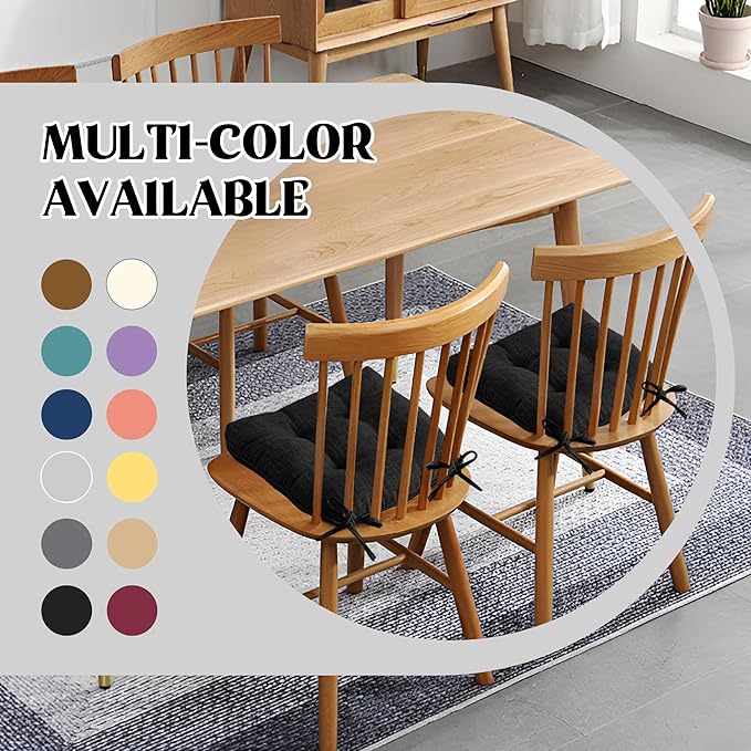 puredown® Chair Cushions for Dining Chairs, Tufted Memory Foam Chair Pads with Non-Slip Backing, Kitchen Seat Cushions with Ties, Washable Seat Pad Set of 4, 15.5" x 15.5" x 4", Black