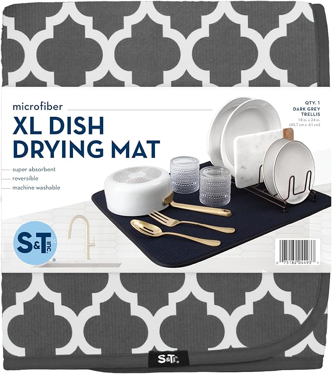 S&T INC. Dish Drying Mat XL, 18” x 24”, Absorbent Microfiber Kitchen Counter Mat, Dish Drying Pad for Dishes, Utensils, Pots and Pans, Extra Large, Pewter Grey Trellis